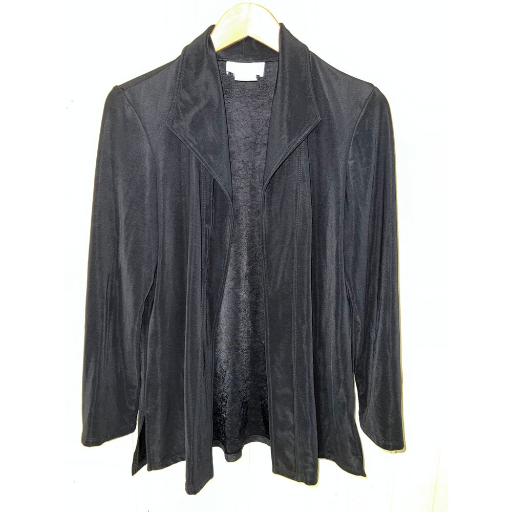Susan Graver Medium 10/12 Open Front CARDIGAN Lustra Liquid Knit Black Drape